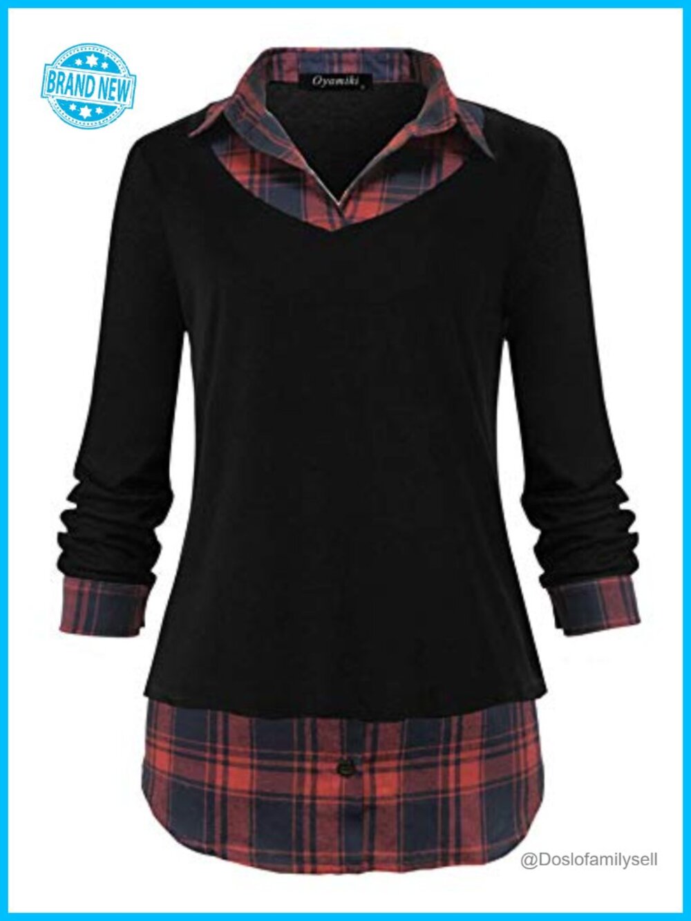 Oyamiki Women's Collared 2-in-1 Pullover Tunic Top Plaid Contrast Blouse